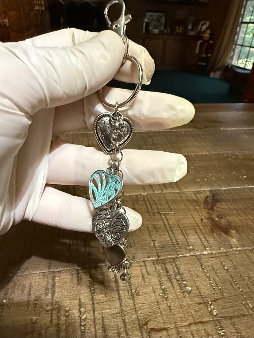 Silver Heart Charm Keychain with Turquoise Accent